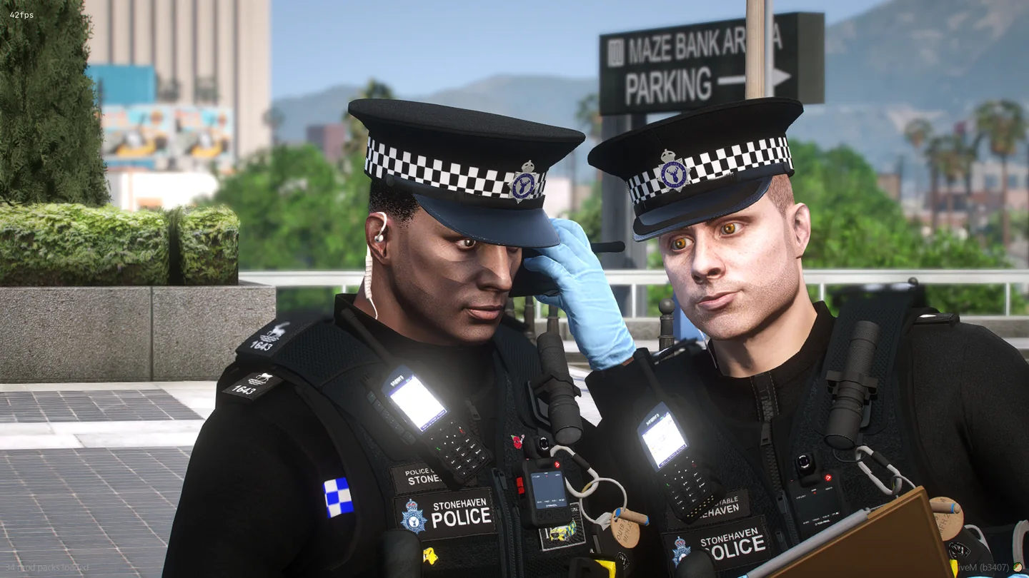 Two Stonehaven Constabulary officers during a patrol scene